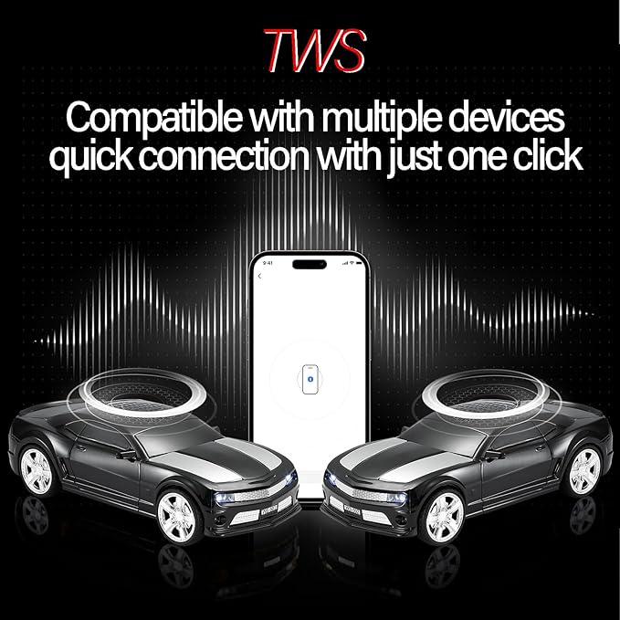 WSTER Sports Car Model Bluetooth Speaker with Stereo Sound, TWS Pairing, LED Party Lights, USB/TF Playback, Movable Wheels, Unique Retro Car Gifts (Black)