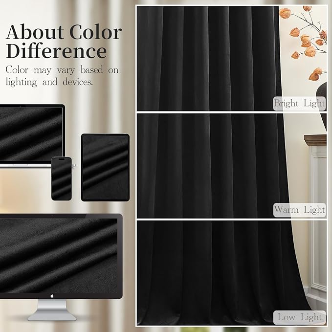 Black Velvet Blackout Curtains Extra Long Room Darkening Drapes Super Soft Elegant Thermal Insulated Soundproof Window Curtains for Bedroom Living Room, Back Tab Rod Pocket, W52 x L102, 2 Panels