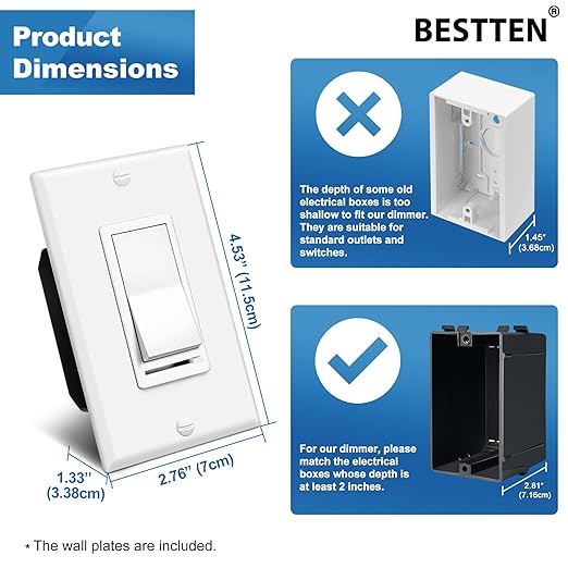 BESTTEN 6 Pack Dimmer Light Switch, LED Dimmer Switch, Single-Pole or 3-Way, for Dimmable LED, Halogen and Incandescent Bulbs, 120V, Wall Plate Included, UL Listed, White