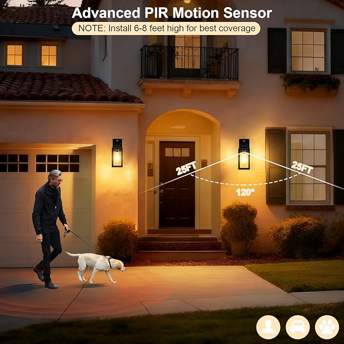LTBLIGHT 2-Pack Motion Sensor Outdoor Wall Light Fixtures, Modern Black Dusk to Dawn Porch Light Lantern with 3 Modes, Waterproof Exterior Lighting for House, Patio, Garage, Front Door