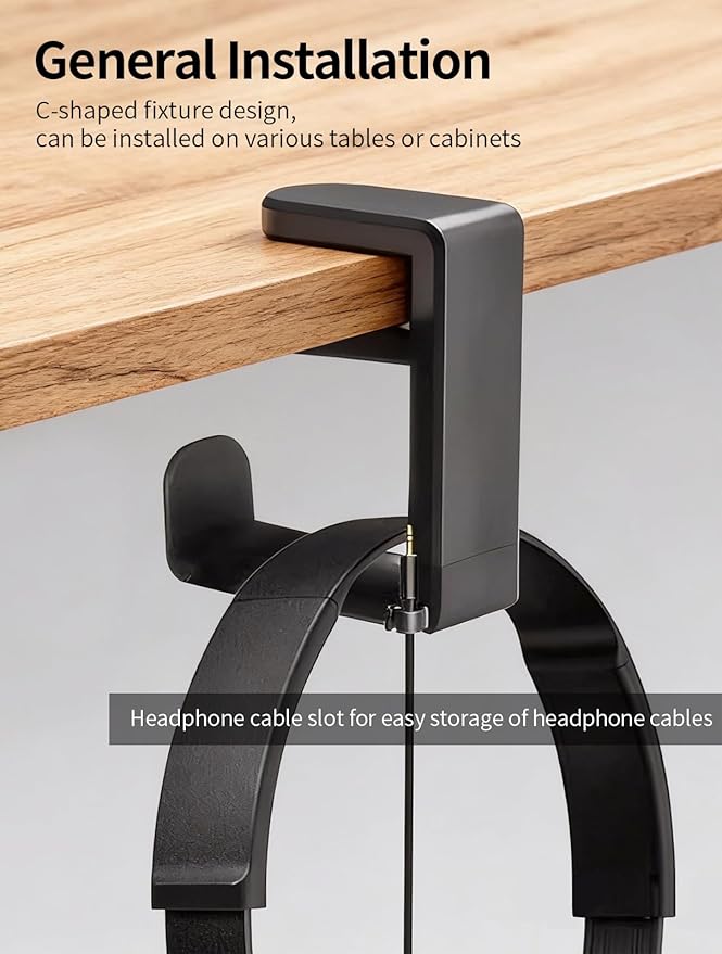 STEARBOR Headphone Hook，Under Desk Headphone Holder，PC Gaming Headset Holder，with 360 Degree Swivel & Cable Clip Organizer (Black)