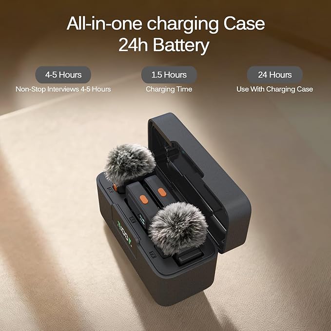 LIZHUZHONG Ai Mini Mic Wireless Lavalier Microphone System (2TX+2RX+Case), Magnetic & Clip-On Microphone for iPhone, Android, Vlogging, Studio-Quality Sound, 48H Battery, Ai Noise Cancelling