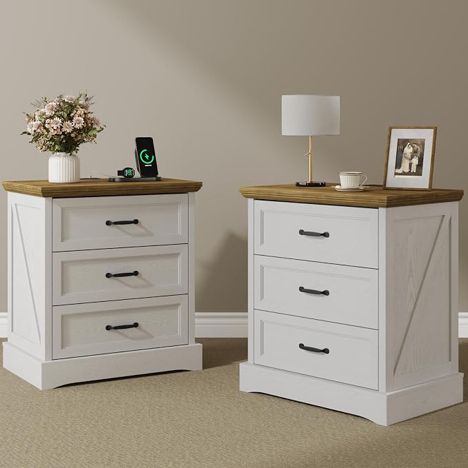 Farmhouse Nightstand with Charging Station and Hidden Drawer, Night Stand - Image 2
