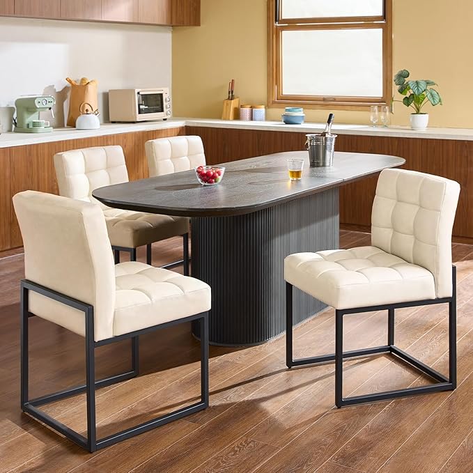 Beige Faux Leather Dining Chairs Set of 4, Mid-Century Modern Dining Room Chairs with Armless, Checkered Kitchen Chair with Metal Legs