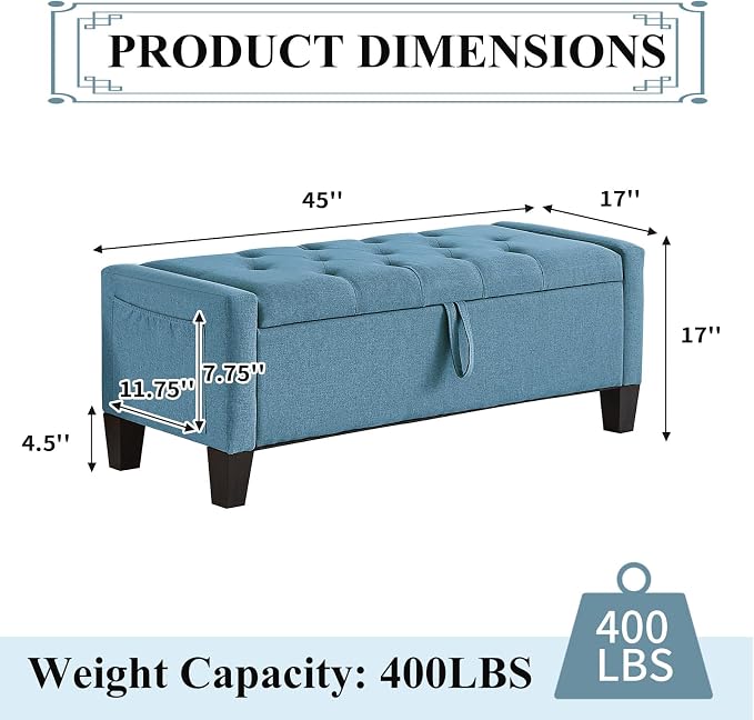Modern Storage Ottoman Bench, Linen Upholstered End of Bed Bench - Image 2