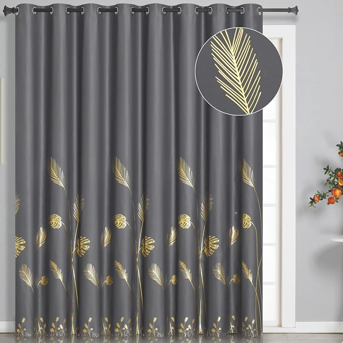 Curtain for Sliding Glass Door 100W x 96L Inch Gold Palm Tree Printed Curtain by ESTELARTEXTILER