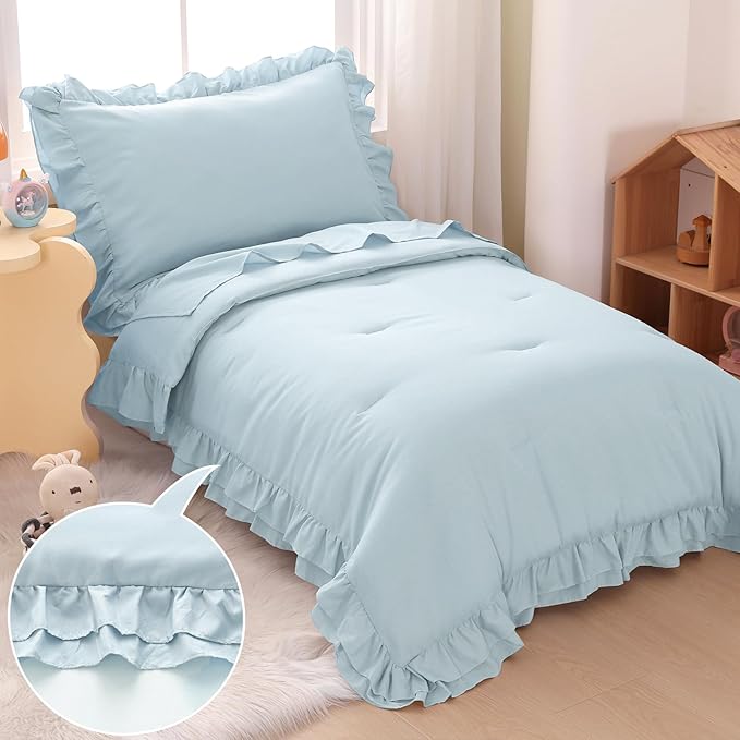 Wowelife Toddler Comforter for Girls Blue Toddler Bedding Set 4 Pieces Double Ruffles Comforter Sets, Cozy and Tender Bedding Includes Comforter, Fitted Sheet, Flat Top Sheet and Pillowcase