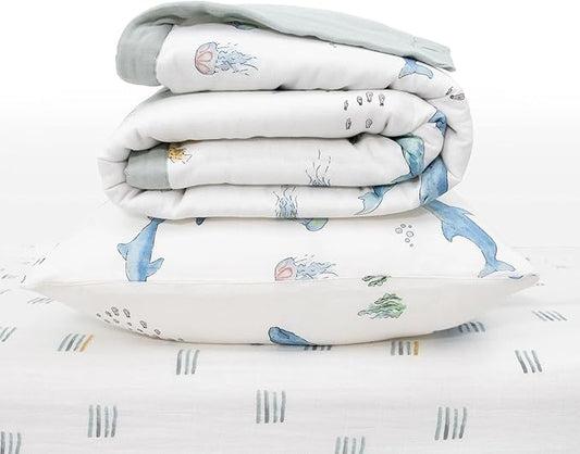 Little Unicorn Toddler Bedding 3-Piece Set | Super Soft & Breathable Muslin Fabric | for Convertible Cribs & Toddler Beds (Whales)