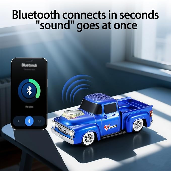 WSTER WS-538 Retro Pickup Truck Bluetooth Replica Speaker – Portable Wireless Car Model Speaker with FM, TWS, LED Party Lights, USB/TF Playback, Built-in Microphone, Type-C, Surprise Gift(Blue)