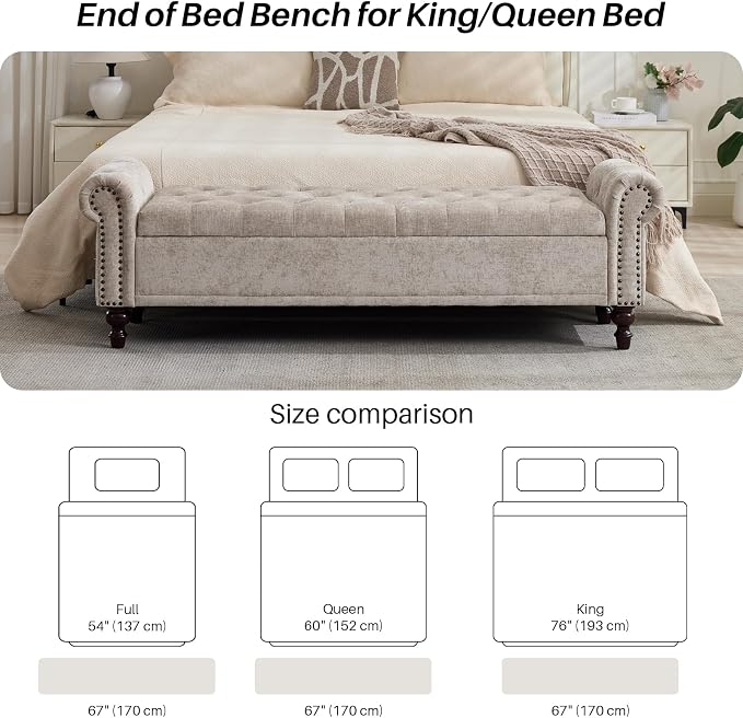 SOFTHION 67" Storage Bench for Bedroom, Chenille Upholstered, Light Brown | - Image 5