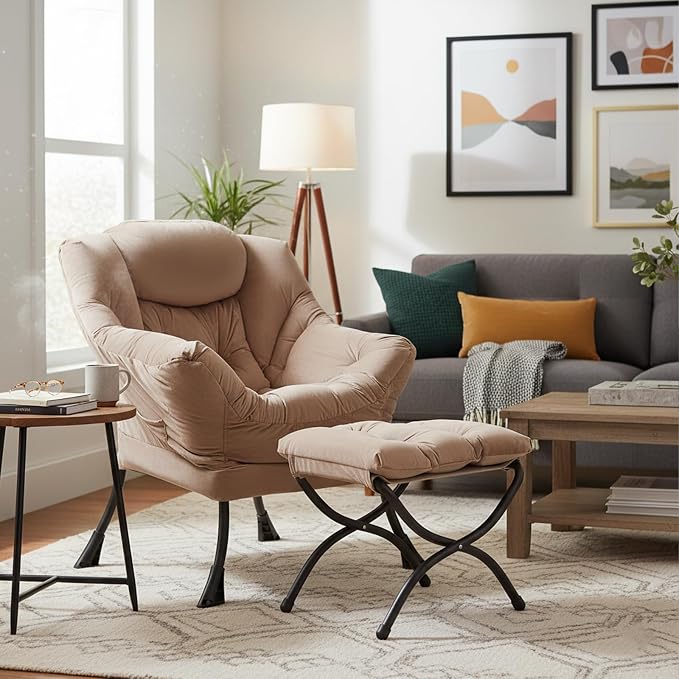 Welnow Lazy Chair with Ottoman, Reading Chair with Footrest, Khaki Velvet | A - Image 9