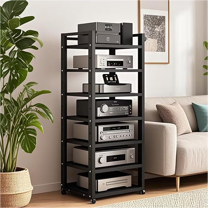 Dernoing 7 Tier Audio Rack Tower, CD Record Player Stereo Receiver AV Equipment Cabinet Display Rack, Weight Capacity 661 lbs, with Adjustable Wooden Shelves for Home (7 Tier Black)