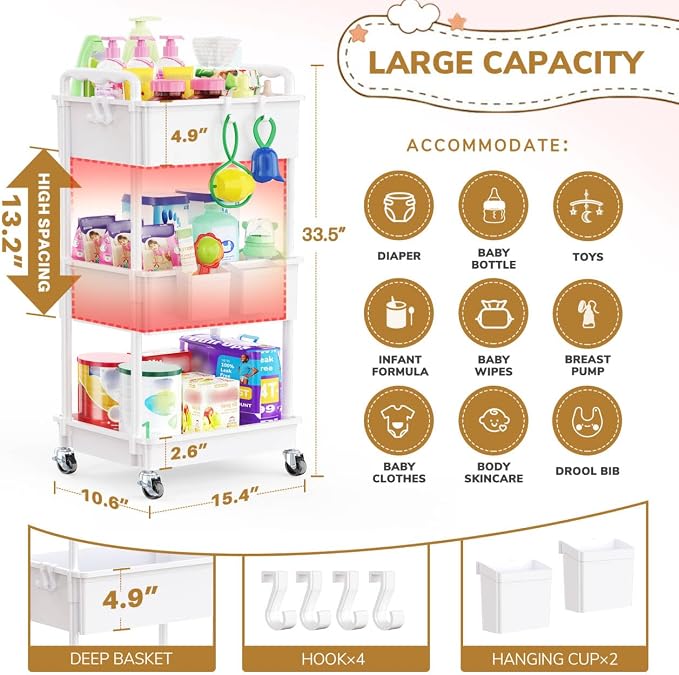 Goovilla Diaper Cart with Lockable Wheels and Easy Assembly, 3 Tier White | - Image 4