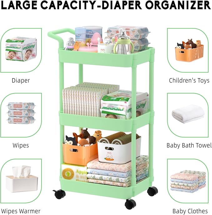 Volnamal Diaper Caddy, 3 Tier Rolling Cart - Image 5