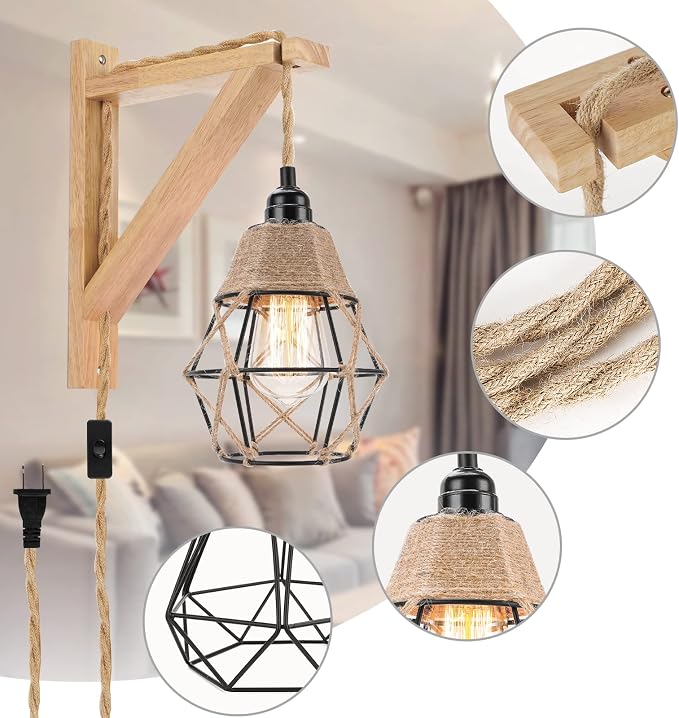 Frideko Plug in Wall Sconce Set of Two, Boho Farmhouse Hanging Wall Lamp - Image 8