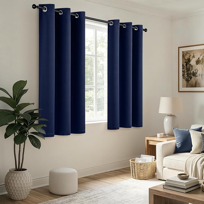 Short Navy Blue Blackout Kitchen Curtain W40 x L54 Inch 2 Panels | Thermal - Image 5