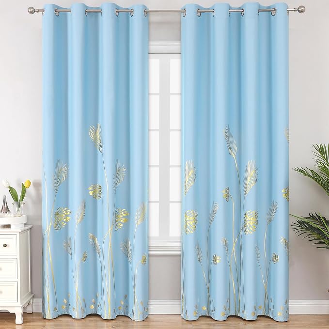 Sky Blue Blackout Curtains for Bedroom, Room Darkening Gold Palm Tree Pattern by ESTELARTEXTILER