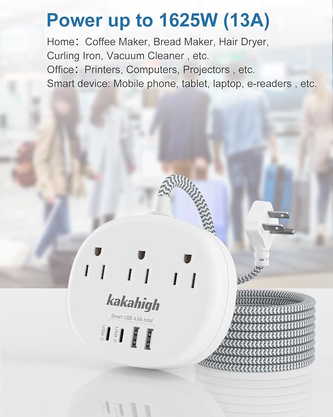 Short Extension Cord Black - Extension Cord 5 Feet, 1625W Power Strip 3 Prong with 3 AC Outlet 4 USB (24W/4.8A), Bedside Charging Station for Home, Office and Dorm