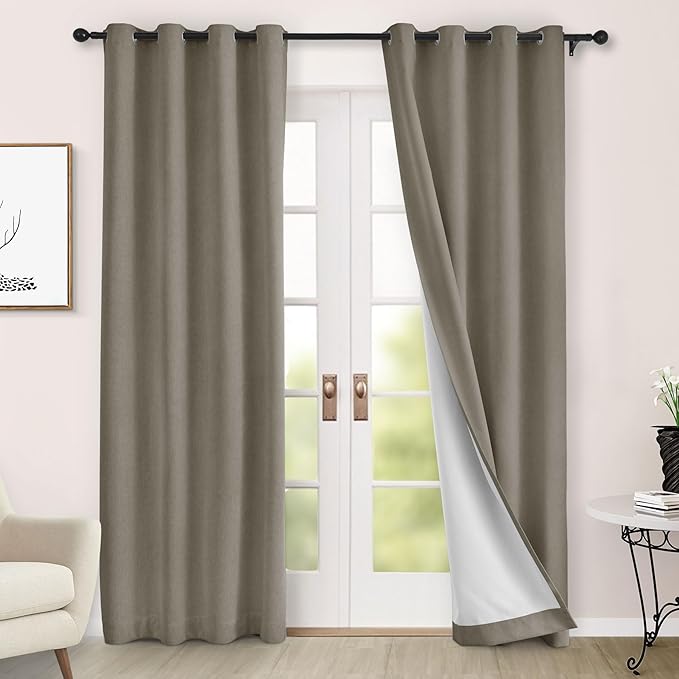 Macochico 100% Blackout Chenille Curtains 96 Inches Long for Hotel Nursery Noise Reducing Thermal Curtains for Bedroom Living Room Grommet Light Taupe Curtains with Tieback 52" Wx96 L Classic 1 Panel