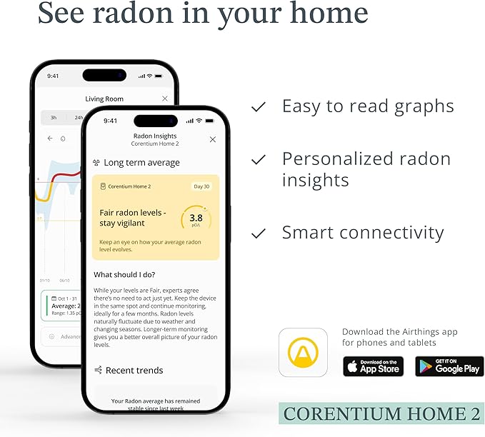 Airthings 325 Corentium Home 2 Smart Digital Radon Detector - Portable and Easy-to-use Radon Testing with Bluetooth connectivity and Humidity & Temperature Sensors