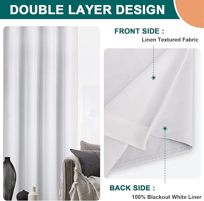 Diraysid 100% Blackout Curtains White Linen Curtains - Image 4