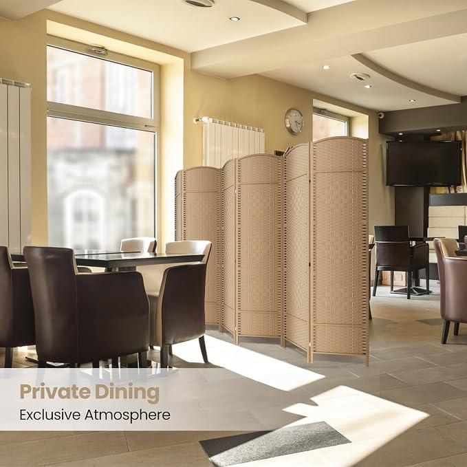 6 Panel Folding Room Divider, Woven Privacy Screen, Light Beige | Solid wood - Image 6