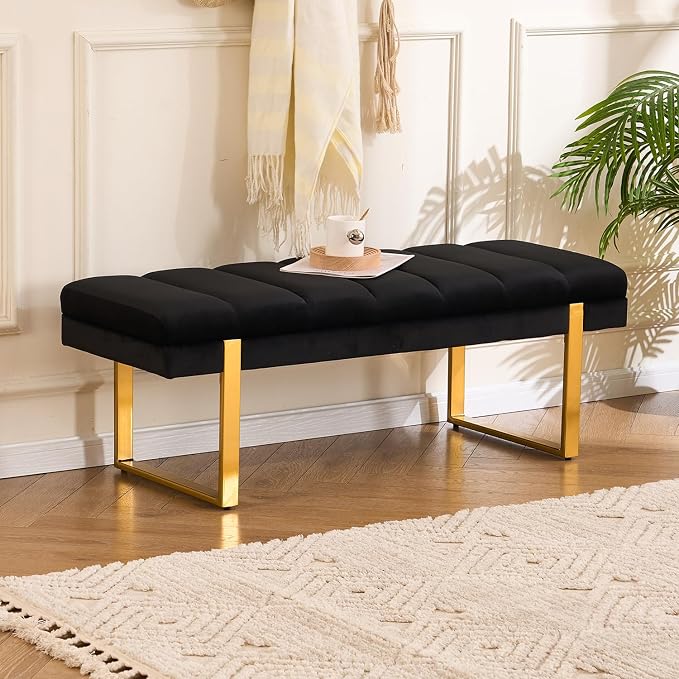 46" Velvet Black Bench with Gold Legs by AIITTCC