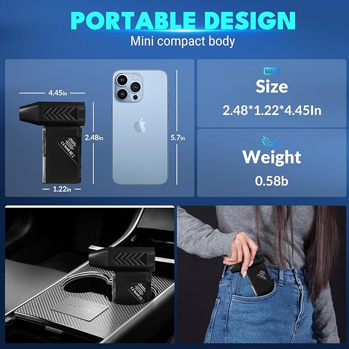 Newdehanm Violent Turbo Fan，Mini Electric Compressed Air Duster & Vacuum Cleaner,130000RPM Portable Rechargeable Cordless Handheld Air Blower with LED Light for PC, Outdoor, House, Car,8000mAh