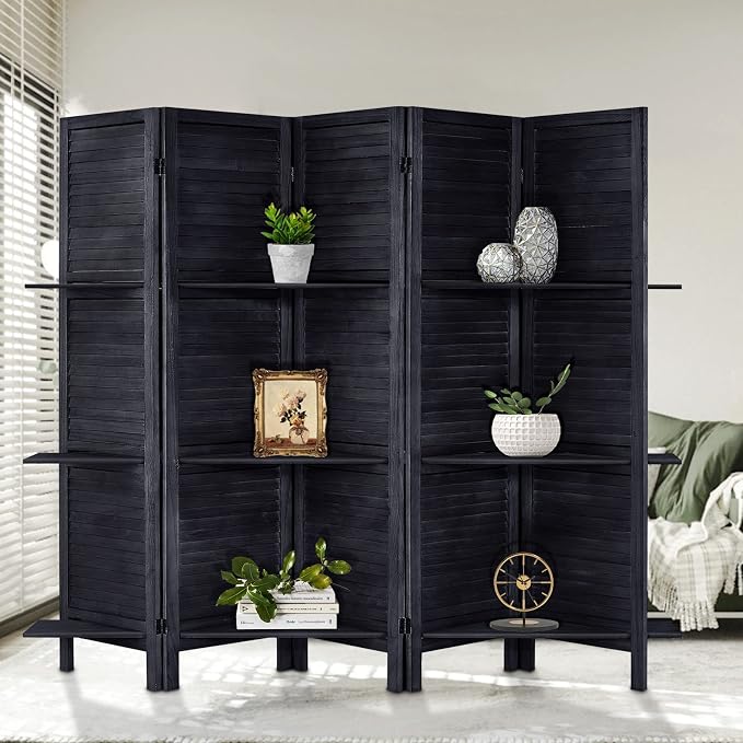 Room Divider with Shelves, 5 Panel Black Privacy Screen | Partition Room - Image 3