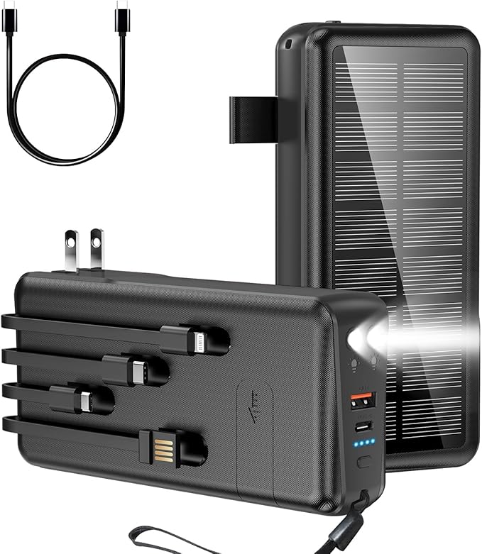 boogostore Portable Charger with Built in Cable and Wall Plug 50000mAh PD30W Fast Charging Solar Power Bank with 5 Output & 2 Input Dual LED Flashlights Phone Holder External Battery Pack (Black)