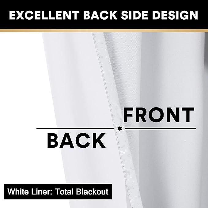 PrinceDeco Linen Texture Curtains 100% Blackout Curtains 64 inch Long 2 Panels Set for Bedroom Living Room Energy Saving Window Treatment Curtain Drapes, Burlap Fabric with White Liner，Pure White