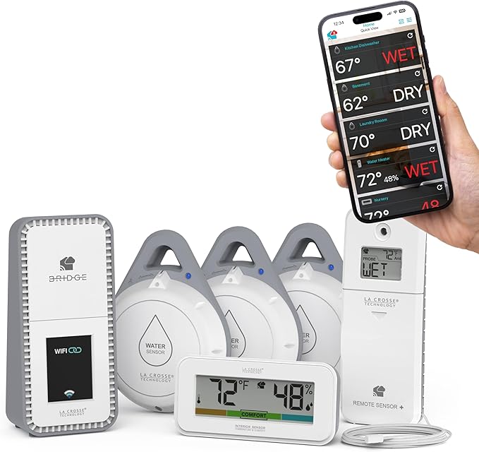 Leak Geek Pro Wi-Fi Alert System: Bridge Gateway, 3 Water Spot Detection Sensors, a Water Leak Area Detection Sensor with 76-inch Cable, and an Interior Temperature and Humidity Sensor Display