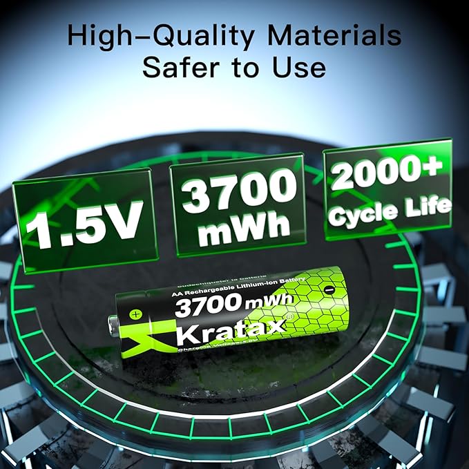 Kratax 3700mWh AA Rechargeable Lithium Batteries with Charger, 8 Pack high Capacity Double A li-ion Batteries 1.5v, Long Lasting, Charging Storage Box with AA Lithium Battery Rechargeable