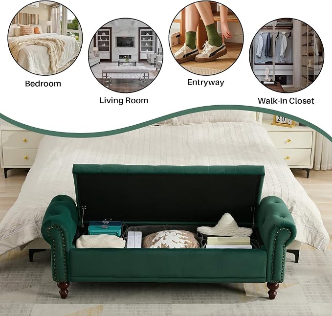SOFTHION 58.1" Storage Bench for Bedroom, Velvet Upholstered, Dark Green | End - Image 6