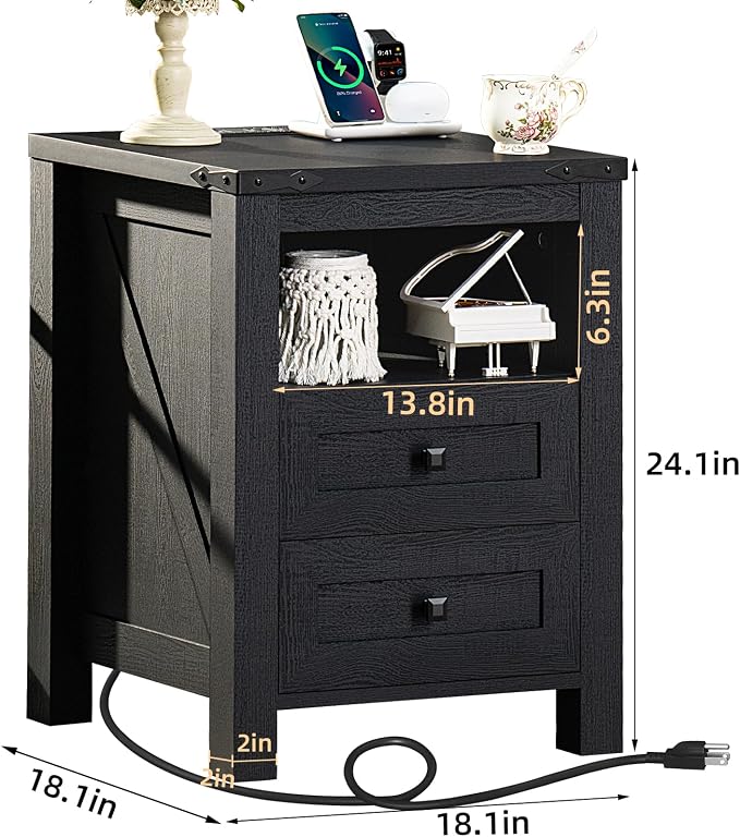 Joaxswe Nightstand with Charging Station and 2 Drawers, Farmhouse | Black Night - Image 2