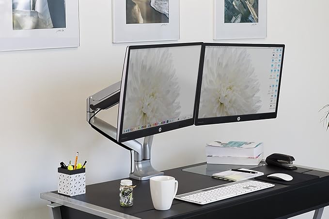 Mount-It! (MI-1772) Dual Monitor Arm Mount Desk Stand Two Articulating Gas Spring Height Adjustable Arms | Fits Up To 32" VESA 75 100 Compatible Screens | C-Clamp and Grommet Bases (Silver)