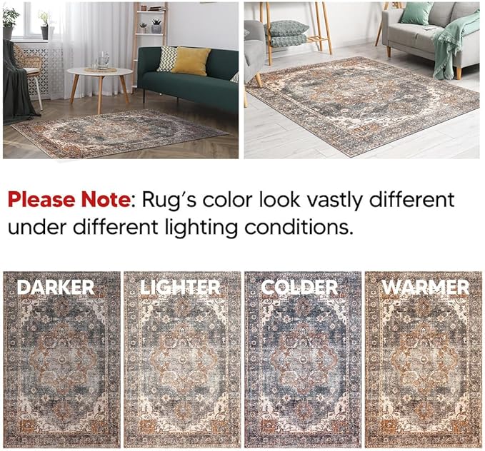 Keen Home Design 8x10 Rug - Machine Washable Area Rug with Non-Slip Backing, Ideal for Living Room, Dining Room, Bedroom - Vintage, Easy Clean, Durable, Low Pile Rug - (8' x 10')