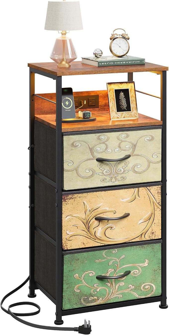 WLIVE Nightstand with Charging Station, 31.9" H Nightstand with 3 Fabric Drawers by WLIVE