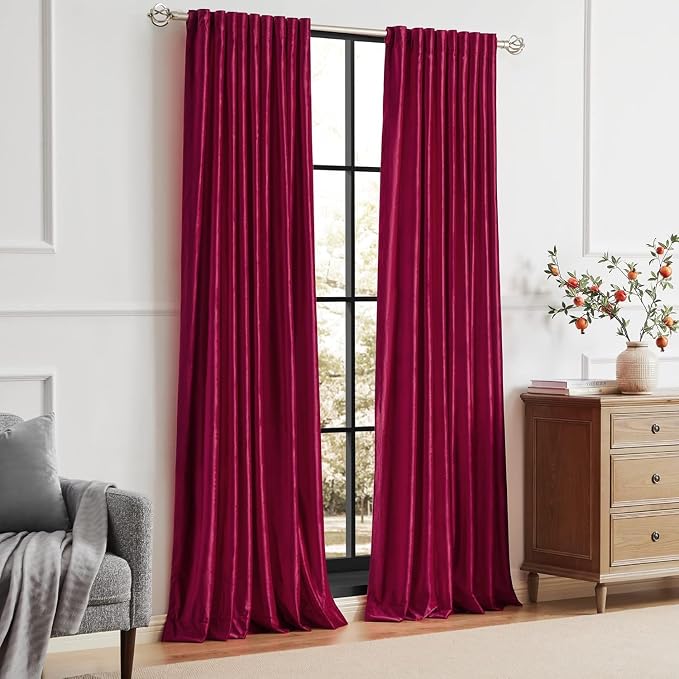 PRIMROSE Red Curtains 102 inch for Living Room Velvet Drapes Blackout Rod - Image 7