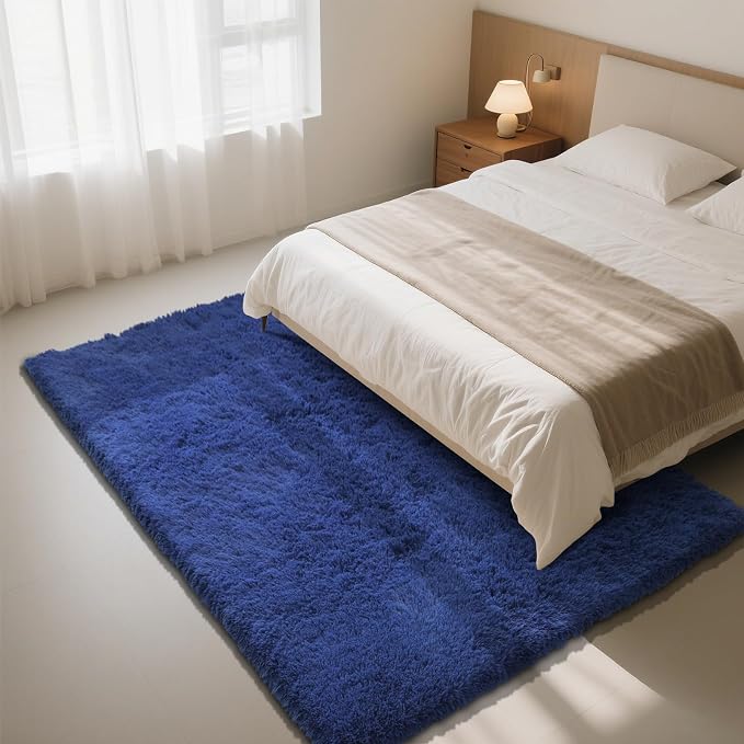 4x6 Blue Rug for Bedroom, Fluffy Shag Area Rugs Small Carpet Bedside Rug | - Image 3