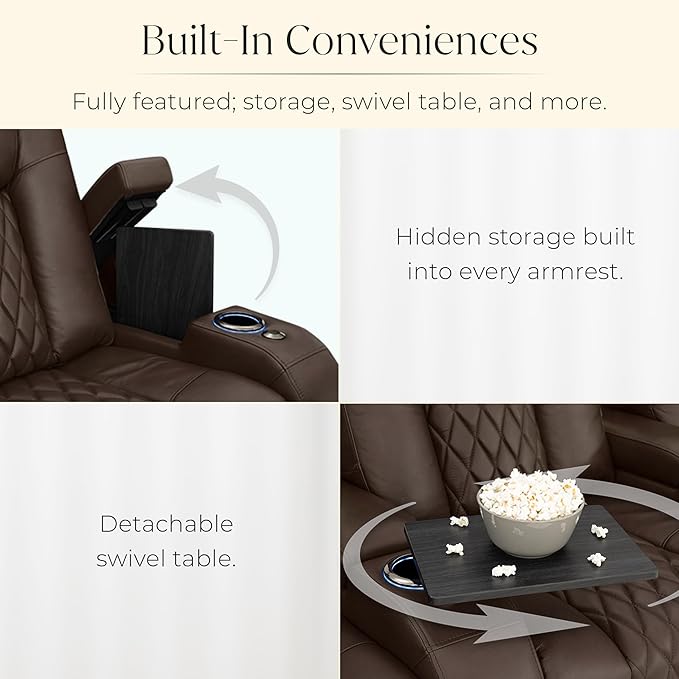 Seatcraft Diamante Zero-Gravity CoolZero Italian Leather Home Theater Seating, Power Headrest, Power Recline, Row of 3 Right Loveseat, Brown