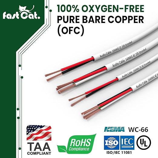 fast Cat. Speaker Wire 14 Guage 2C, UL Listed & CMR/CL3R-FT4 Rated - Speaker Cable w/PVC Jacket, 100% Oxygen-Free Pure Bare Copper - (41) HighFlex 14 Guage Wire - in-Wall Use-500ft Bulk Cable, Blue