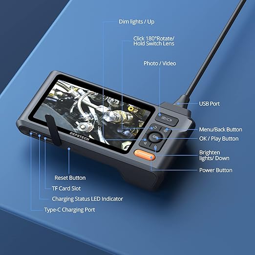 DEPSTECH Industrial Borescope Tool & 5" IPS Screen, 1080P Dual Lens Endoscope Camera with Lights, Split Screen, IP67 Waterproof Sewer Inspection Camera, 16.5ft Semi-Rigid Snake Cable, Mechanic Gadget
