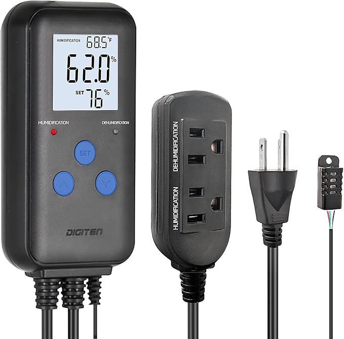 DIGITEN Humidity Controller Pre-Wired Digital Humidistat with Temperature Display, Dual-Stage Outlet Humidifier /Dehumidifier for Mushroom,Reptile, Greenhouse, Fan, Grow Tent