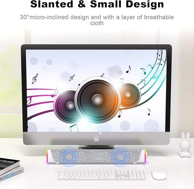 SOULION R30 Plus Bluetooth Computer Speakers, All-in-One Control Button with 6 Modes LED Lights PC Speaker, Wired USB Powered Surround Soundbar for Desktop Monitor Laptop White
