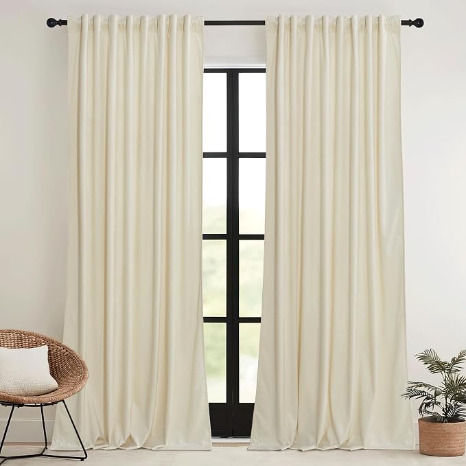 RYB HOME Beige Velvet Curtains 96 inches - Image 2