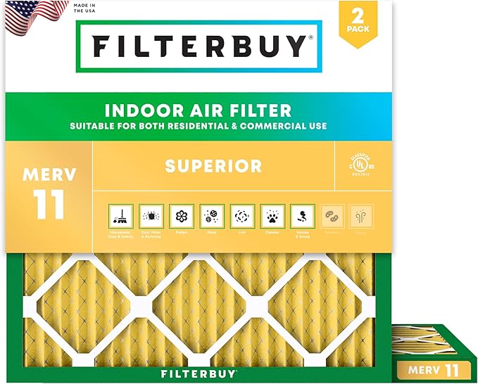 Filterbuy 23x23x1 Air Filter MERV 11 Superior Pet & Allergy Defense (2-Pack), Electrostatic Pleated HVAC AC Furnace Filters Replacement, Made in USA (Actual Size: 22.50 x 22.50 x 0.75)