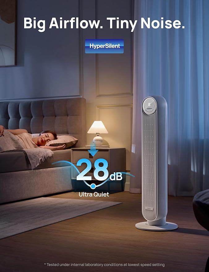 Dreo Tower Fan for Bedroom, 25ft/s Velocity Quiet Floor Fan, 90° Oscillating Fans for Indoors with 4 Speeds, 4 Modes, 8H Timer, Standing Fans, Bladeless Fan, White, Nomad One (DR-HTF007)