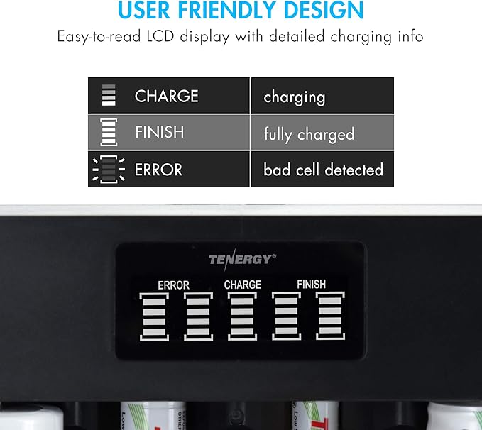 Tenergy 4 Pack Centura Lite D Size Batteries and TN486U 5-Bay Universal Battery Charger with LCD, Micro USB/Type C Input