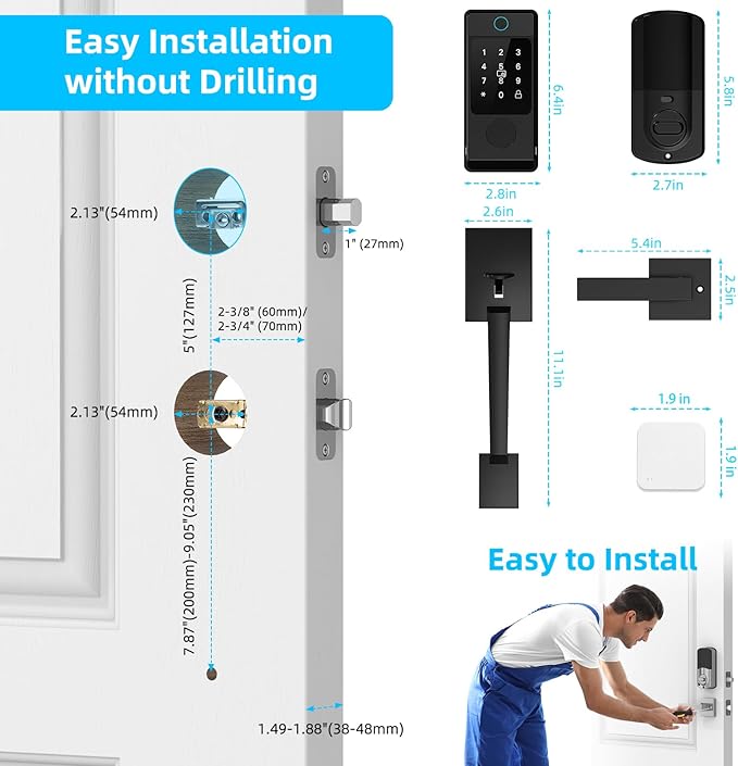 Miuedo WiFi Smart Locks for Front Door with Handle Sets, Keyless Entry Door Lock Fingerprint Deadbolt, Electronic Digital Touchscreen keypad, App Control, Easy to Install (Black)